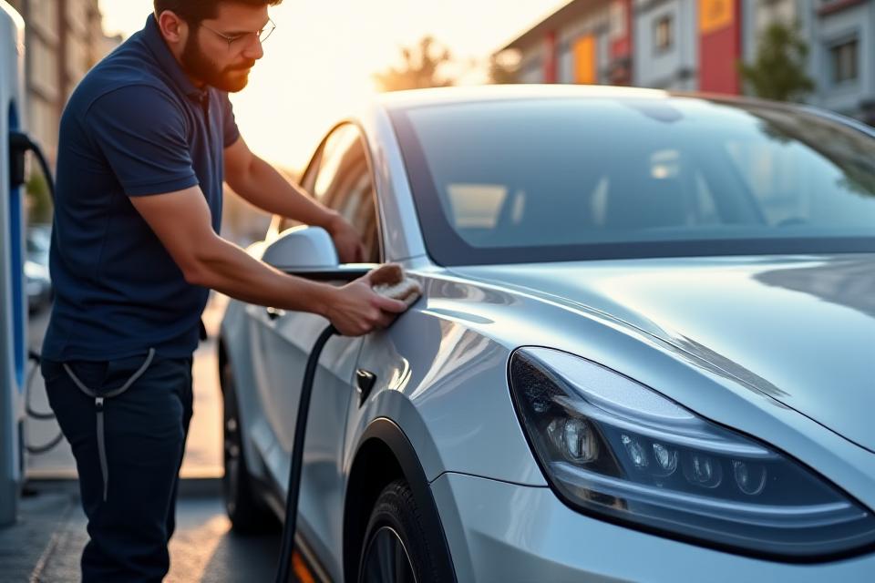Electric vehicle detailing specialist working on Tesla EV